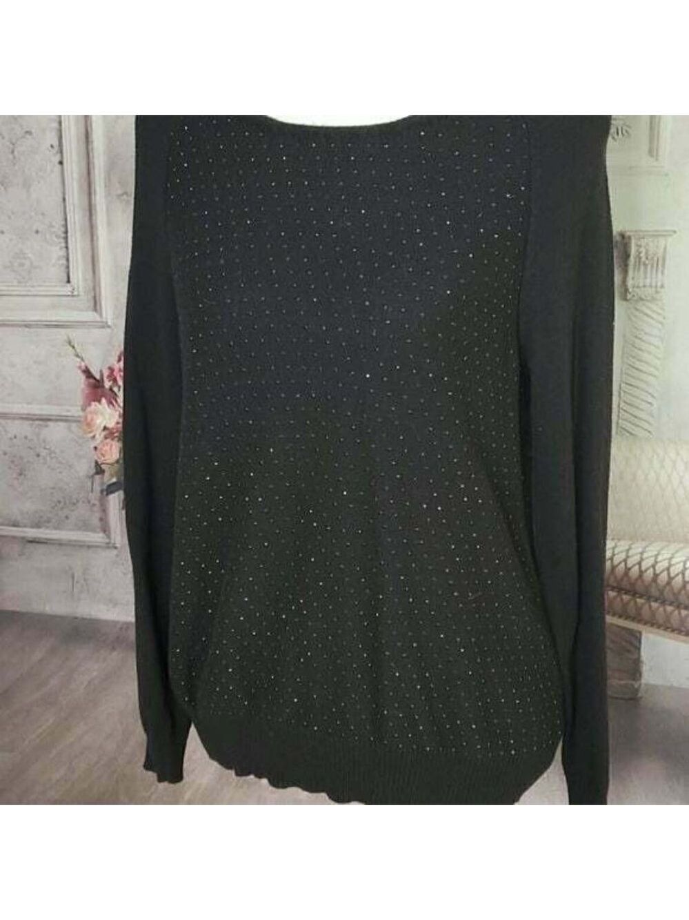 worthington Black Sparkle Pullover Scoop Neck Long Sleeves Knit Sweater Size L - Picture 3 of 9